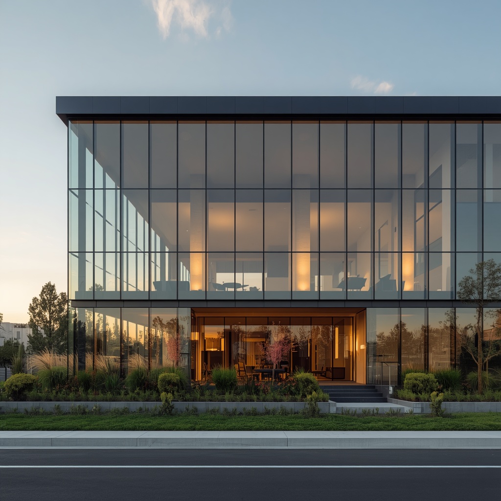 Modern luxury building exterior with glass facade reflecting golden hour light and manicured landscaping